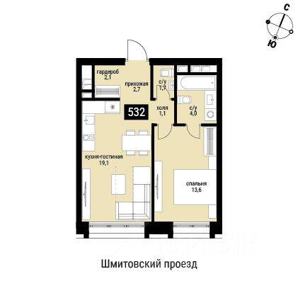 1-комн. квартира, 44,3 м², в ЖК Шелепиха