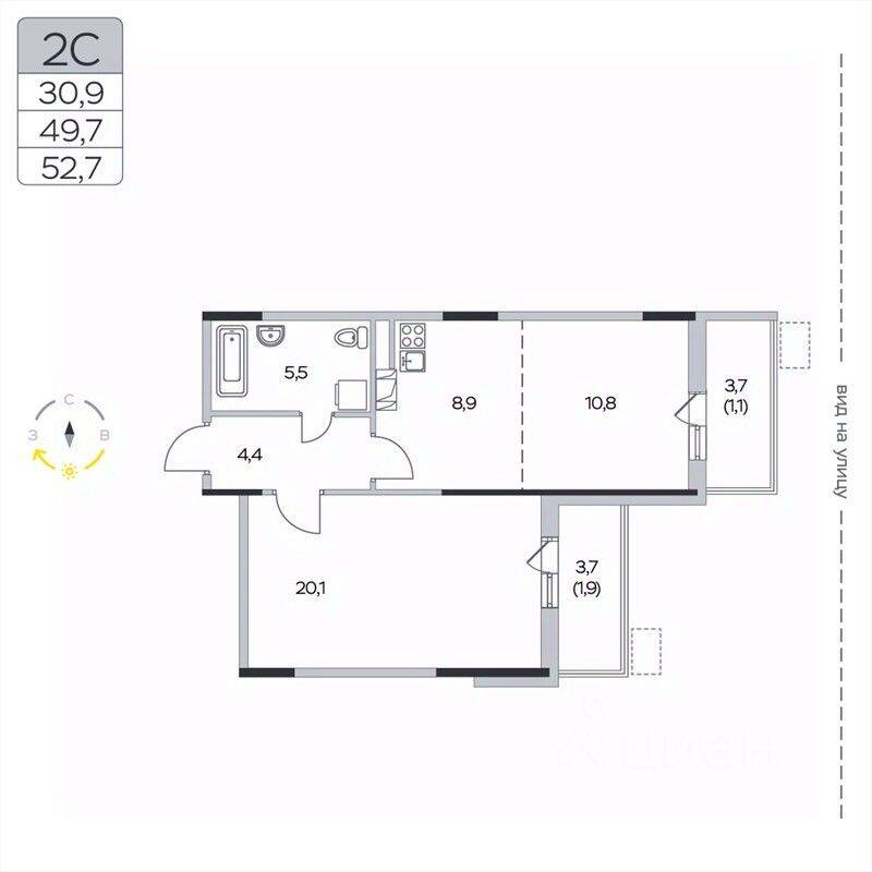 2-комн. квартира, 52,7 м², в ЖК «Пироговская Ривьера»