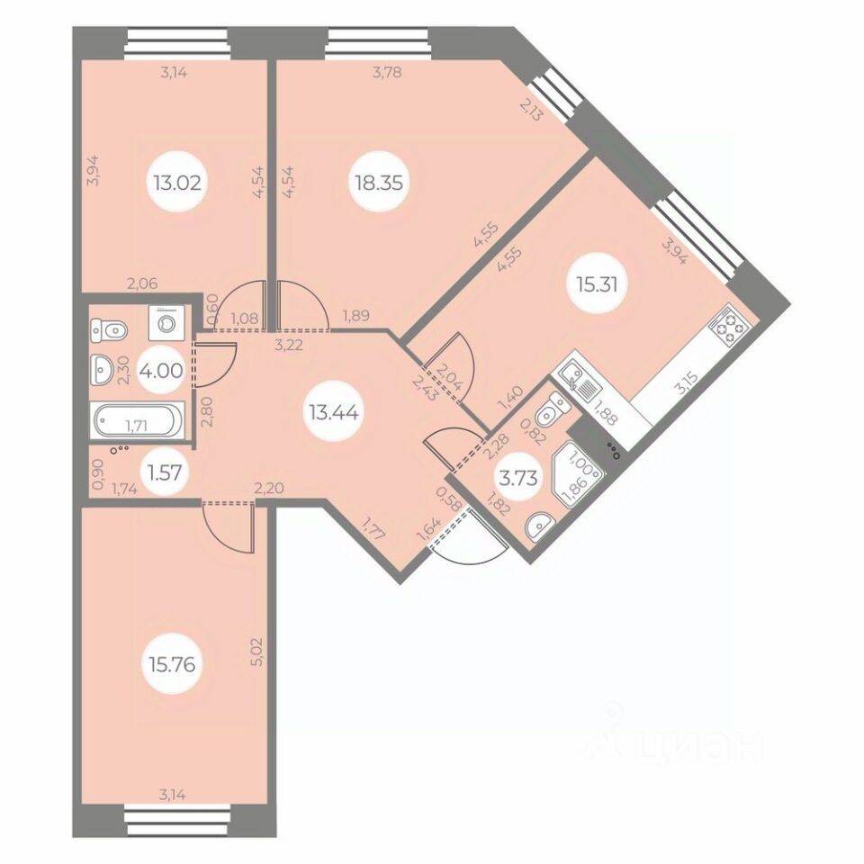 3-комн. квартира, 85,18 м², в ЖК «Огни Залива»