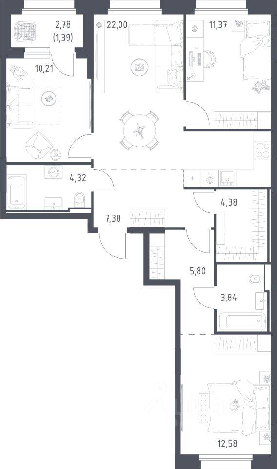 3-комн. квартира, 83,27 м², в ЖК Заречье Парк