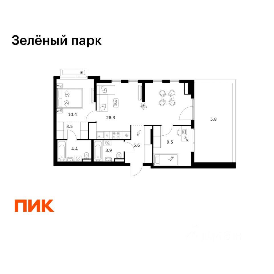 2-комн. квартира, 71,4 м², в ЖК Зеленый парк