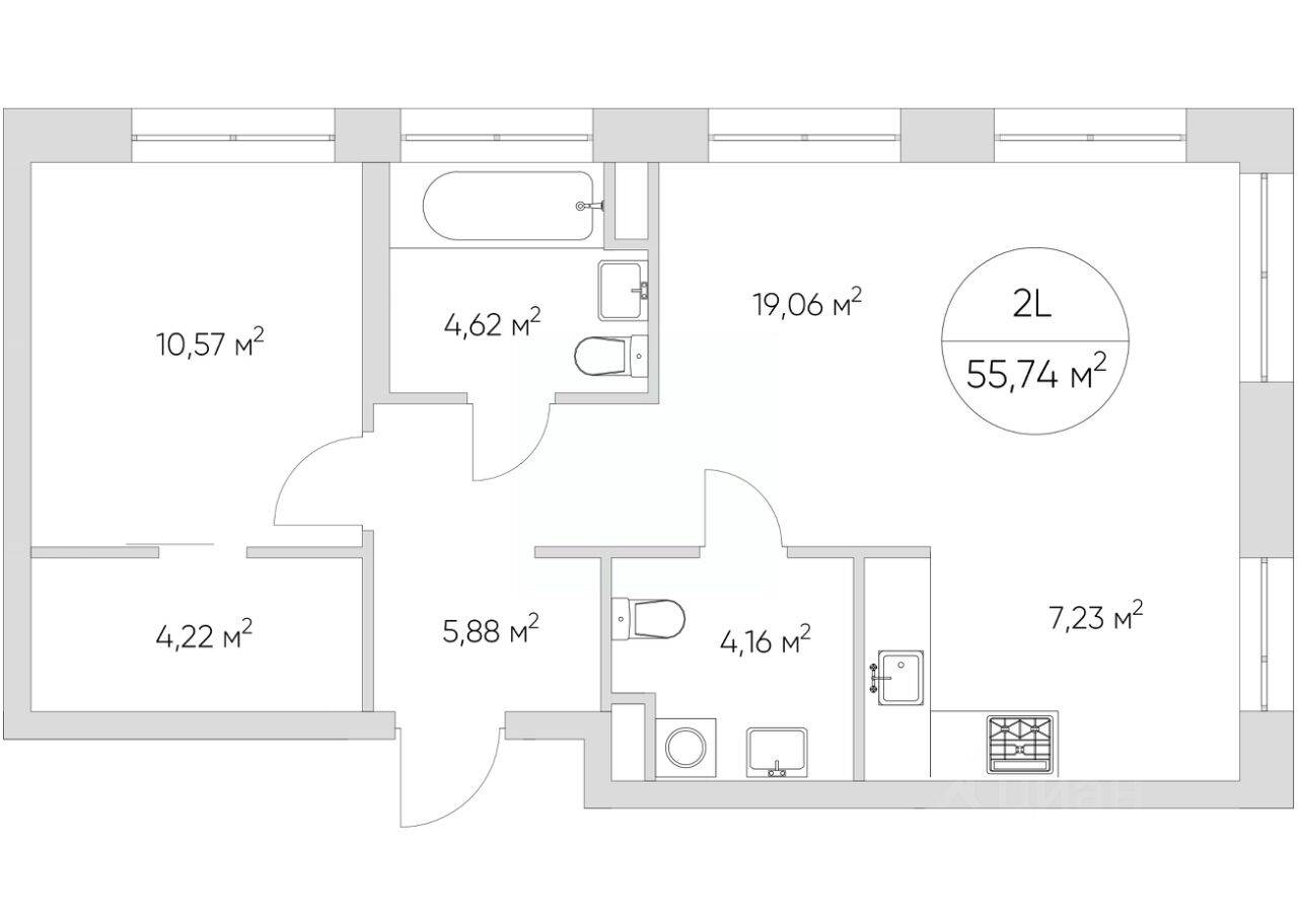 2-комн. квартира, 55,7 м², в Апарт-комплекс N'ice loft