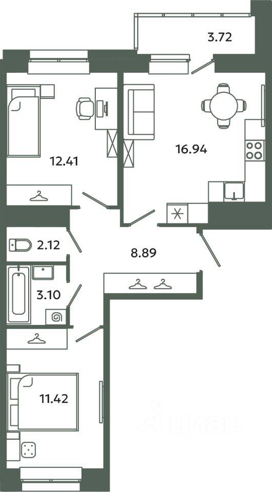 2-комн. квартира, 54,88 м², в ЖК Загляденье