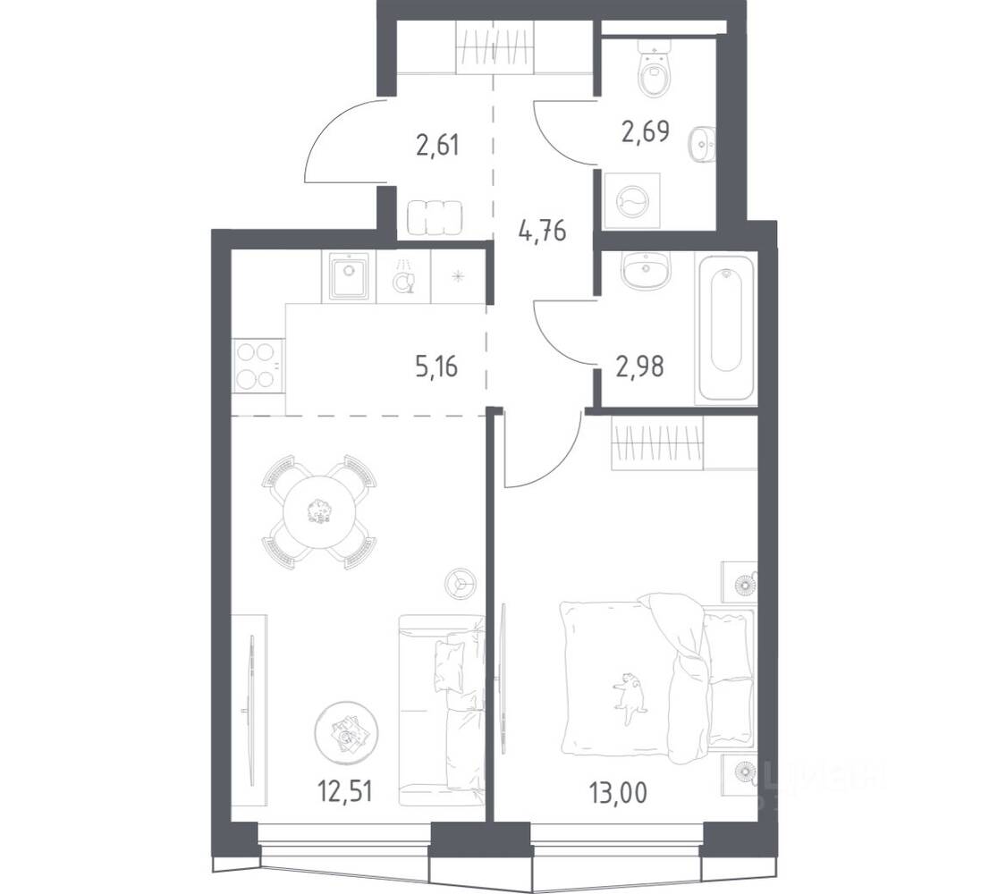 1-комн. квартира, 43,71 м², в ЖК Квартал Авиаторов