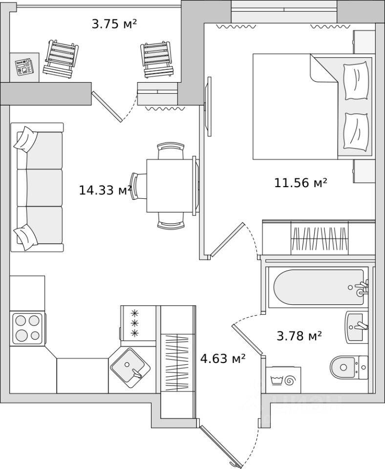 1-комн. квартира, 38,66 м², в ЖК ЦДС «Dreamline»