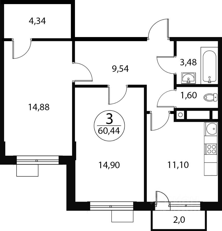 2-комн. квартира, 60,44 м², в ЖК «Катуар»