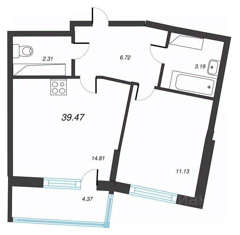 2-комн. квартира, 39,47 м², в ЖК Левитан
