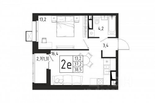 1-комн. квартира, 38,5 м², в ЖК «Берег»