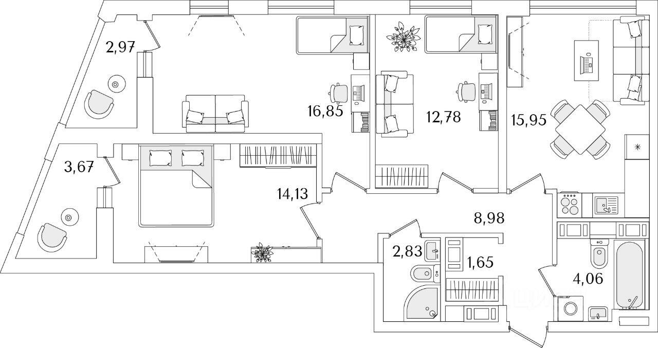 3-комн. квартира, 79,4 м², в ЖК Лайнеръ