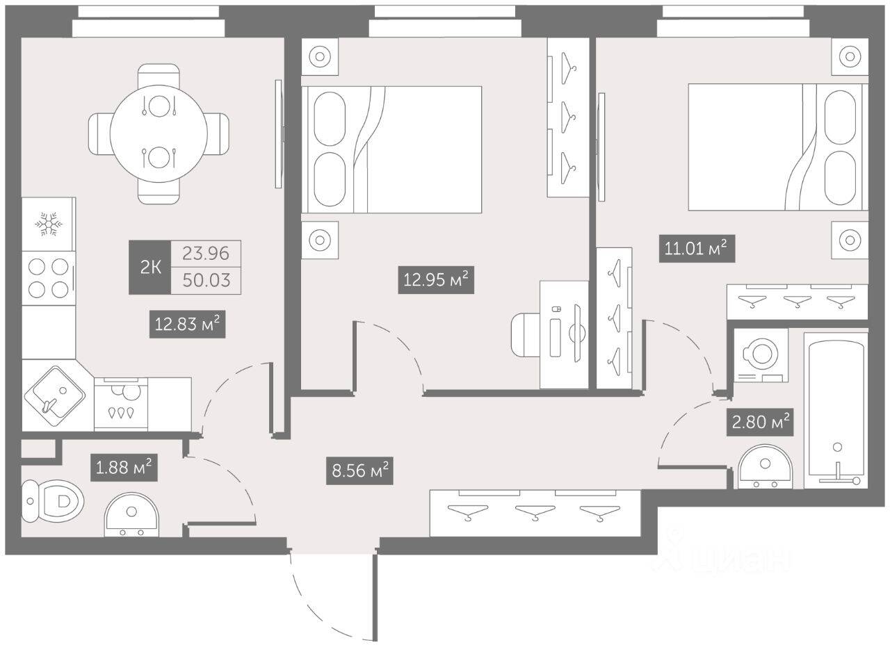 2-комн. квартира, 50,03 м², в Апарт-комплекс ZOOM на Неве