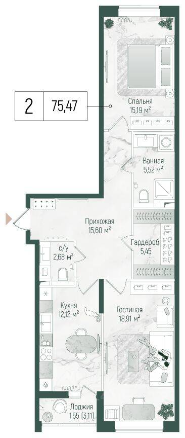 2-комн. квартира, 77,07 м², в ЖК Riga Hills