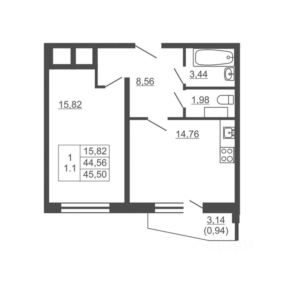 Планировка 1 комнатной квартиры, 43.1 м², в «Тандем»