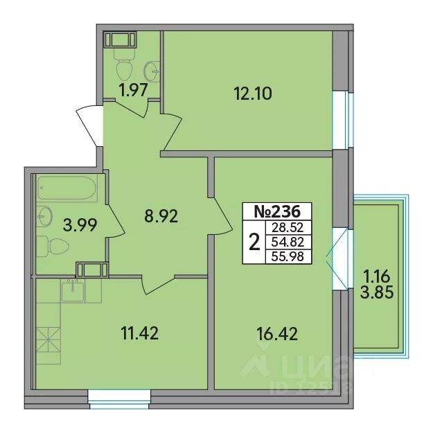 2-комн. квартира, 55,98 м², в ЖК Рождественский квартал