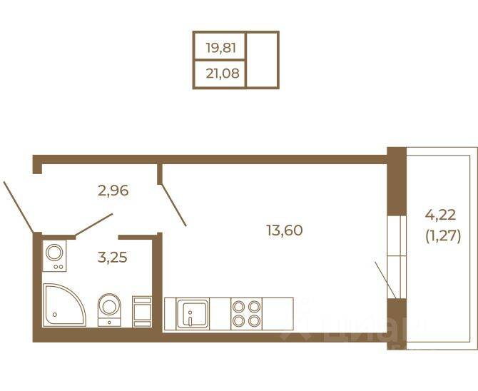 Планировка 1 комнатной квартиры, 21.08 м², в «Новая история»