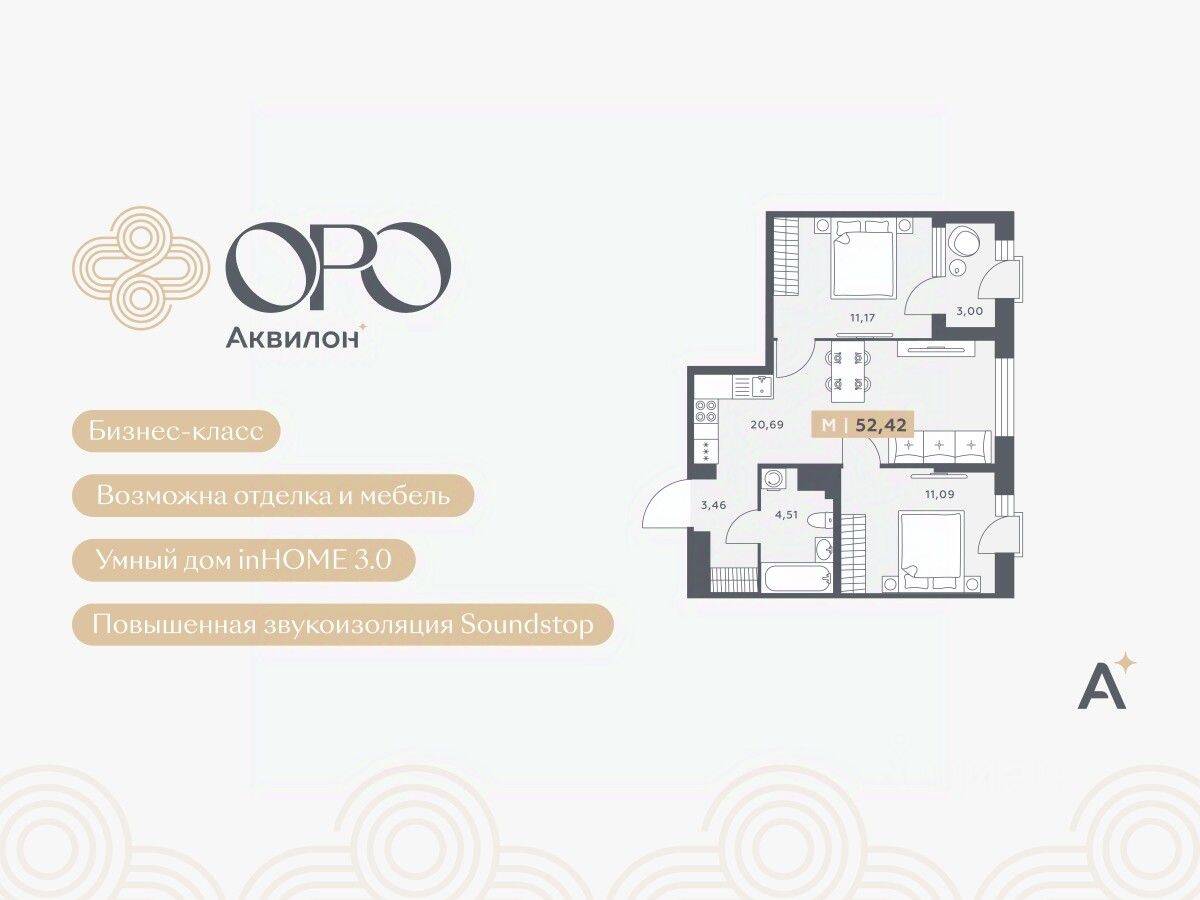 3-комн. квартира, 52,42 м², в ЖК ORO by Akvilon
