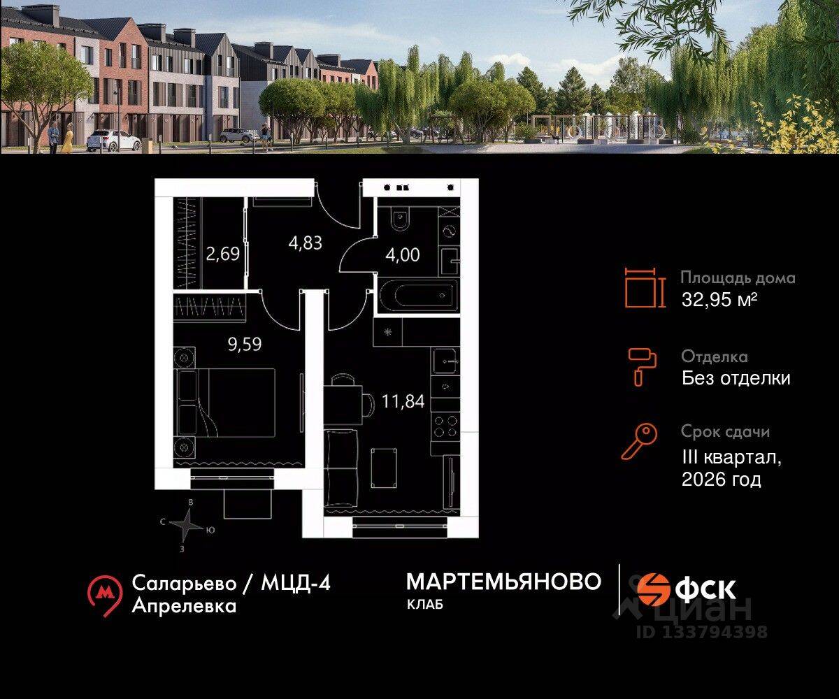 Планировка 1 комнатной квартиры, 32.95 м², в «Мартемьяново Клаб»
