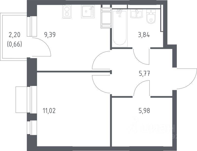 Планировка 1 комнатной квартиры, 36.66 м², в «Пятницкие Луга»