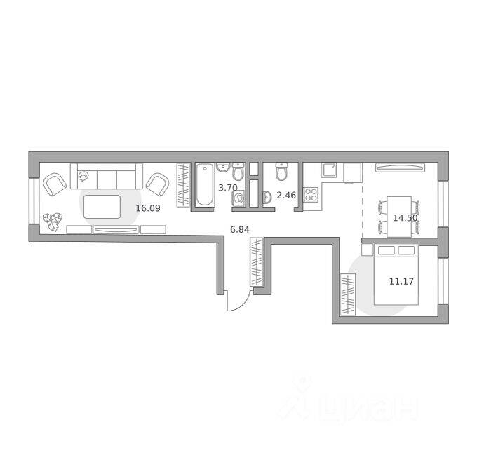 2-комн. квартира, 54,76 м², в Малоэтажный ЖК Живописный