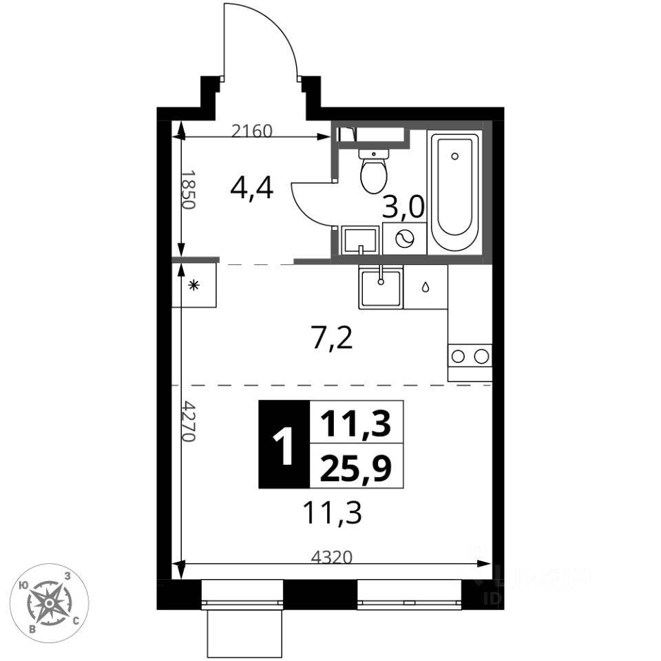 Планировка 1 комнатной квартиры, 25.9 м², в «1-й Донской»