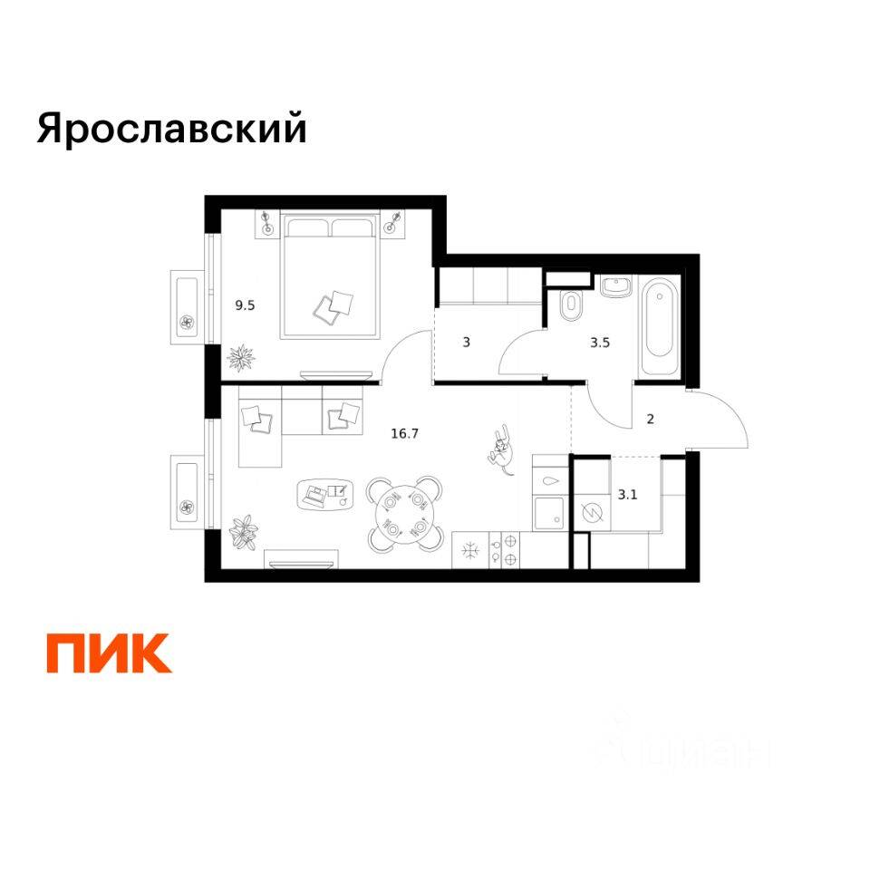 1-комн. квартира, 37,8 м², в ЖК «Ярославский»