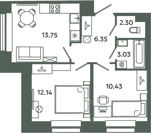 2-комн. квартира, 48 м², в ЖК Загляденье