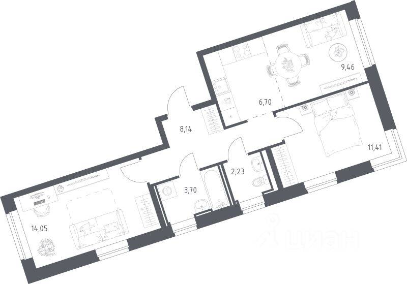 2-комн. квартира, 55,69 м², в ЖК «Живи! В Рыбацком»