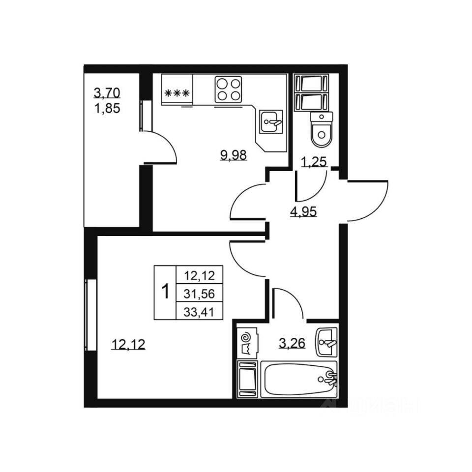 1-комн. квартира, 33,41 м², в ЖК «Высота» (Бугры)