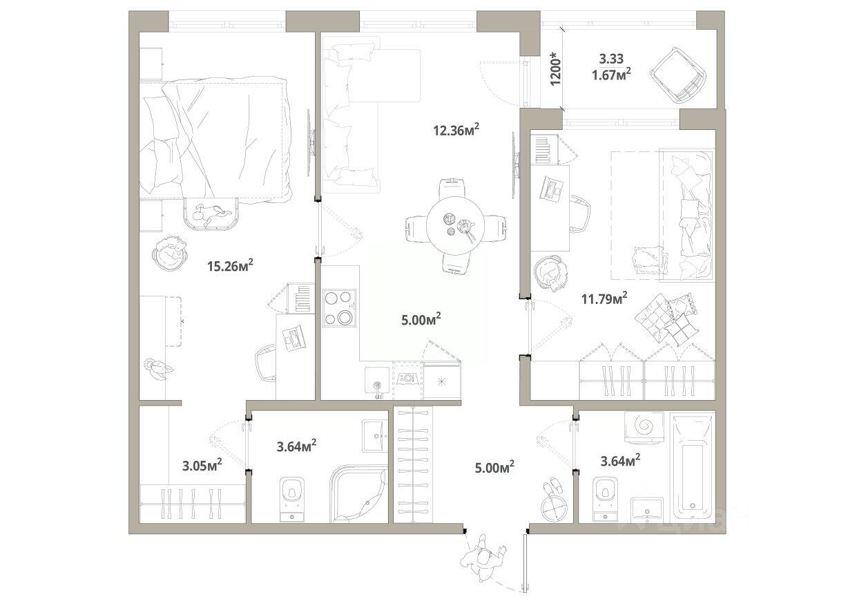2-комн. квартира, 61,41 м², в ЖК «Тишин»