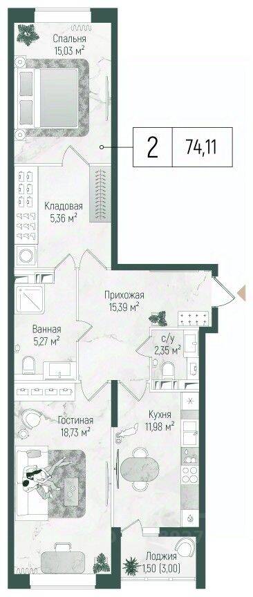 2-комн. квартира, 75,61 м², в ЖК Riga Hills
