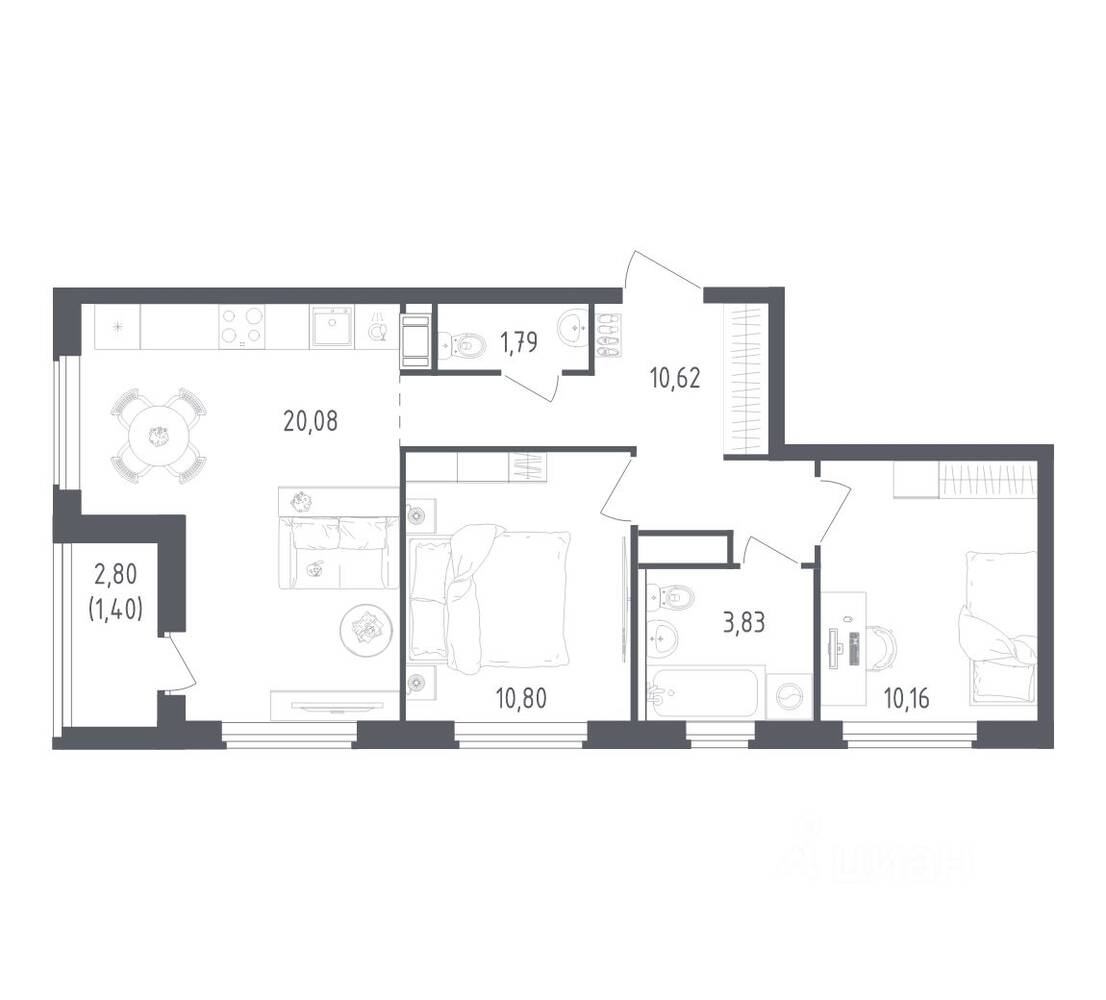 2-комн. квартира, 58,68 м², в ЖК Южная Нева