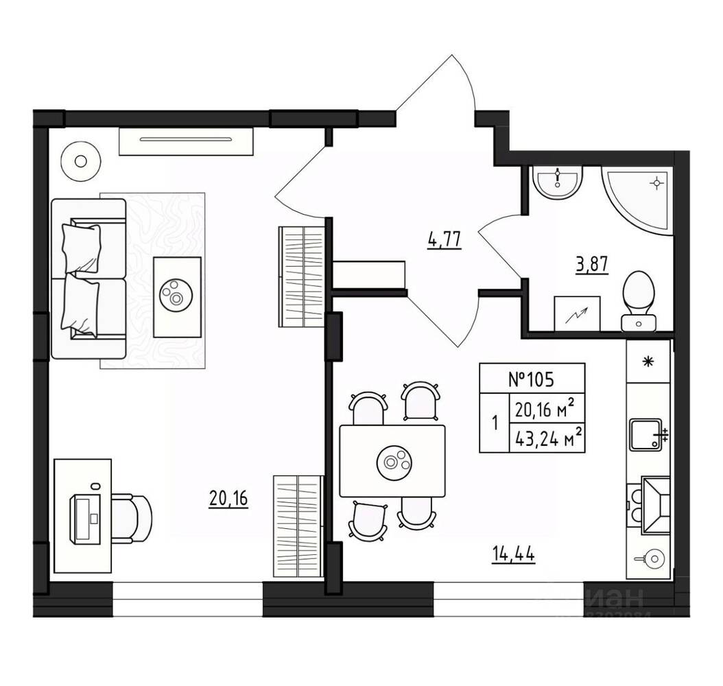 1-комн. квартира, 43,6 м², в Малоэтажный ЖК Верево-Сити