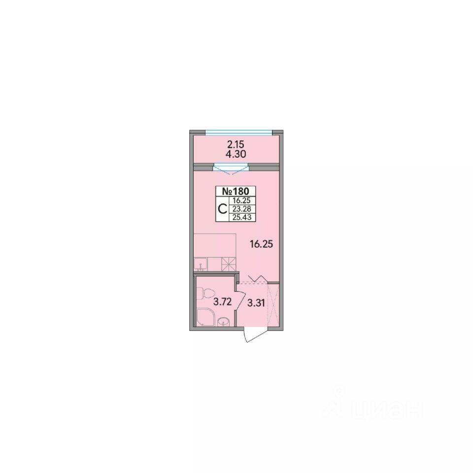 Планировка 1 комнатной квартиры, 25.43 м², в «Рождественский квартал»