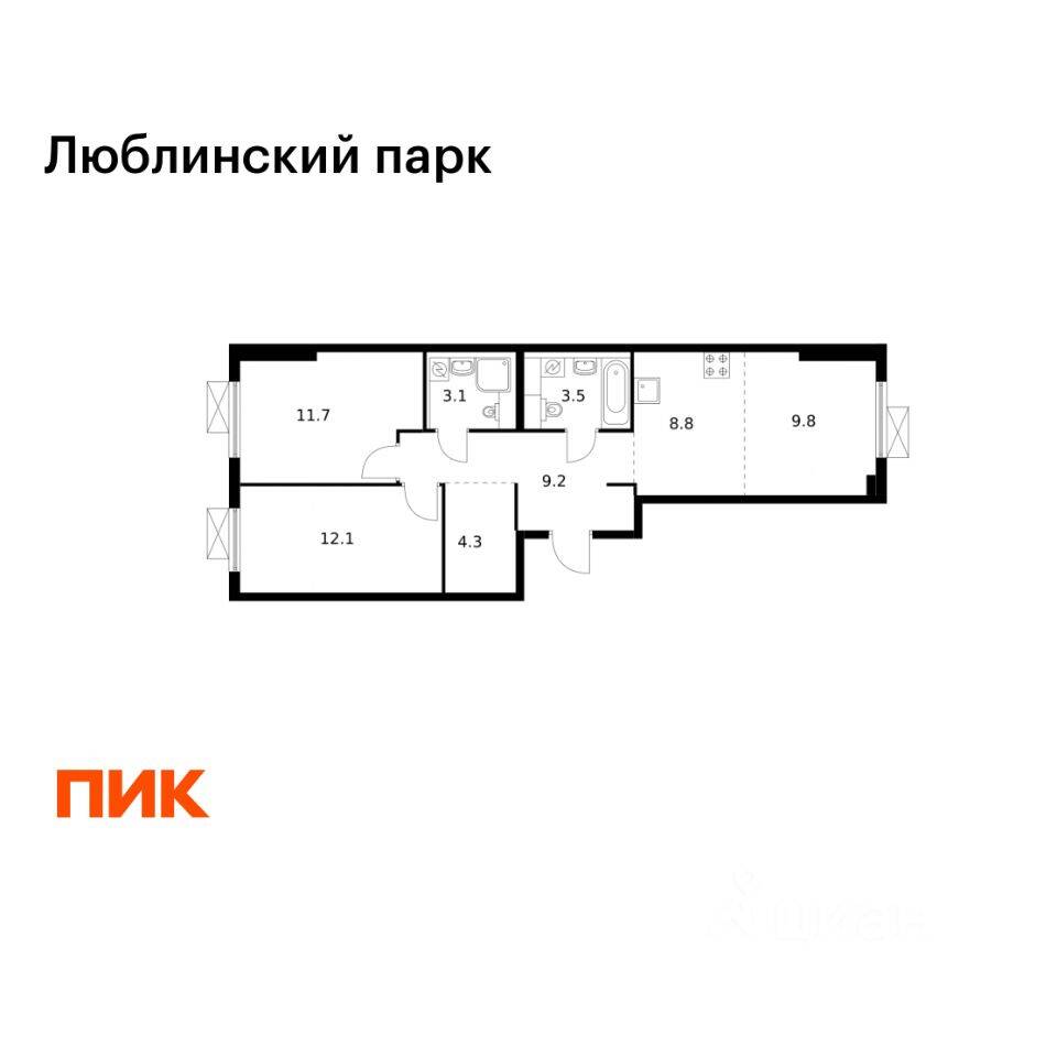 2-комн. квартира, 62,5 м², в ЖК «Люблинский парк»