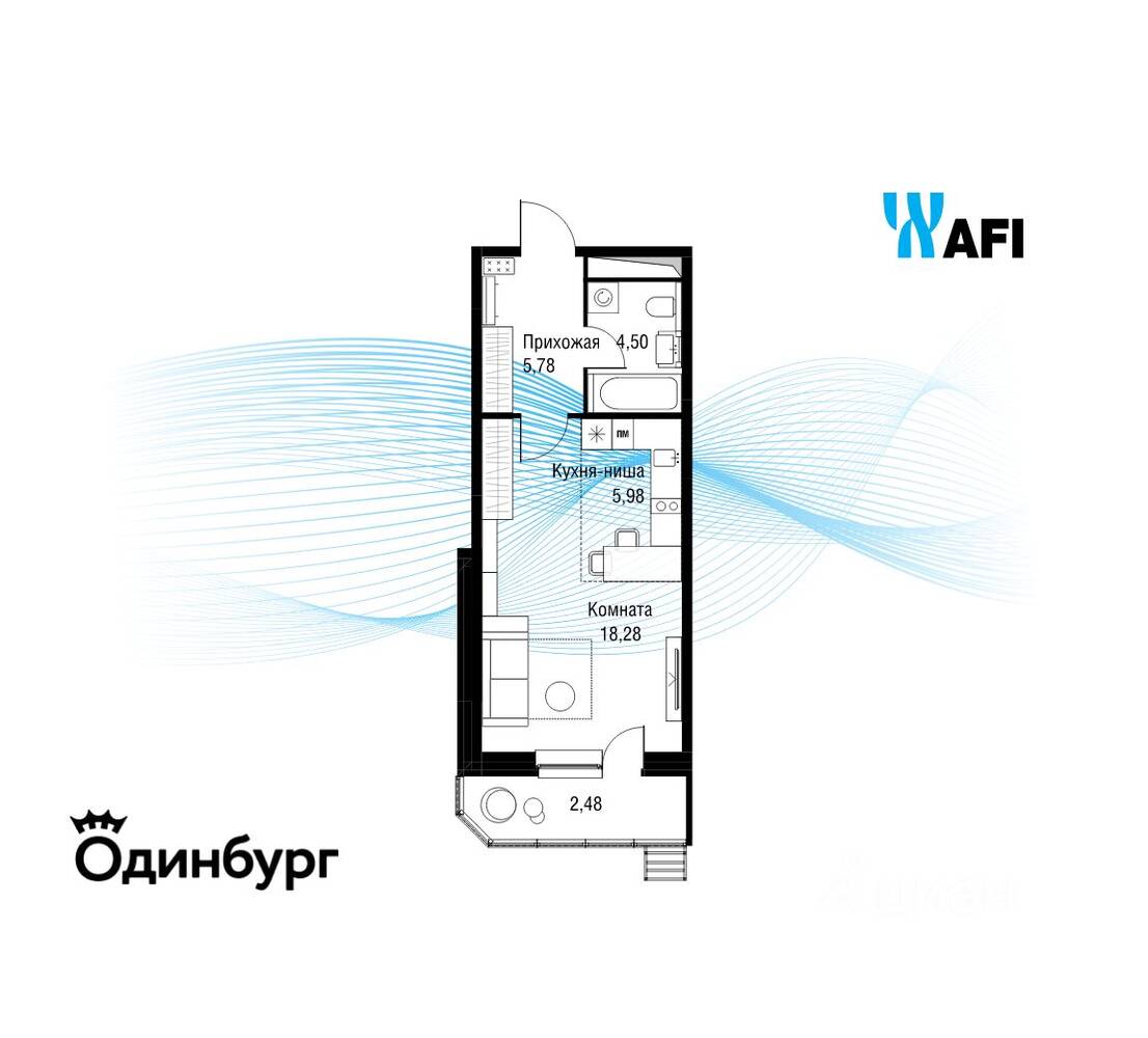 Квартира-студия, 37 м², в ЖК «Одинбург»