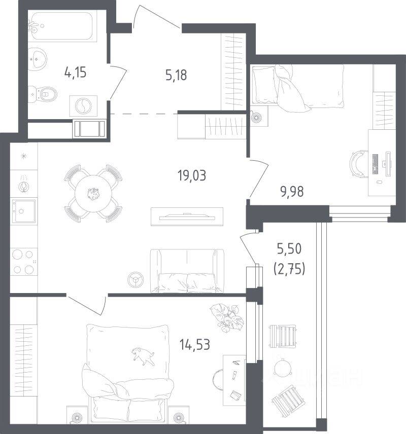 2-комн. квартира, 55,62 м², в ЖК Южная Нева