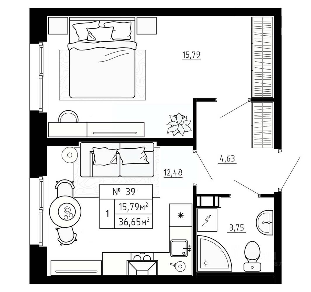 1-комн. квартира, 36,65 м², в Малоэтажный ЖК Аннино Сити