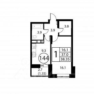 1-комн. квартира, 38,35 м², в ЖК Космос