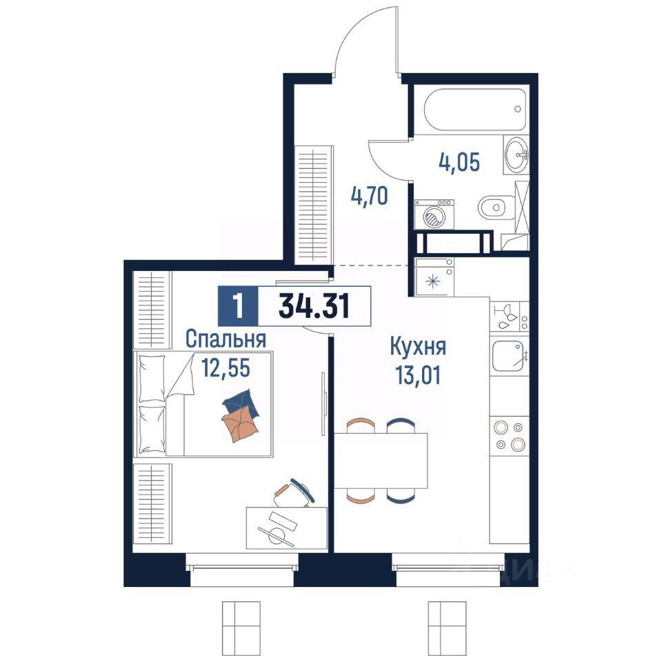 1-комн. квартира, 34,31 м², в ЖК Максималист
