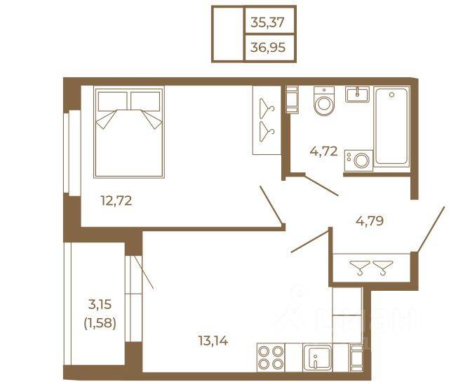 1-комн. квартира, 36,95 м², в Малоэтажный ЖК Новая история