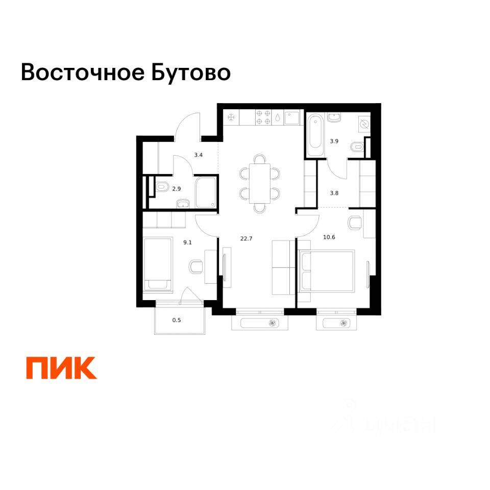 2-комн. квартира, 56,9 м², в ЖК «Восточное Бутово»