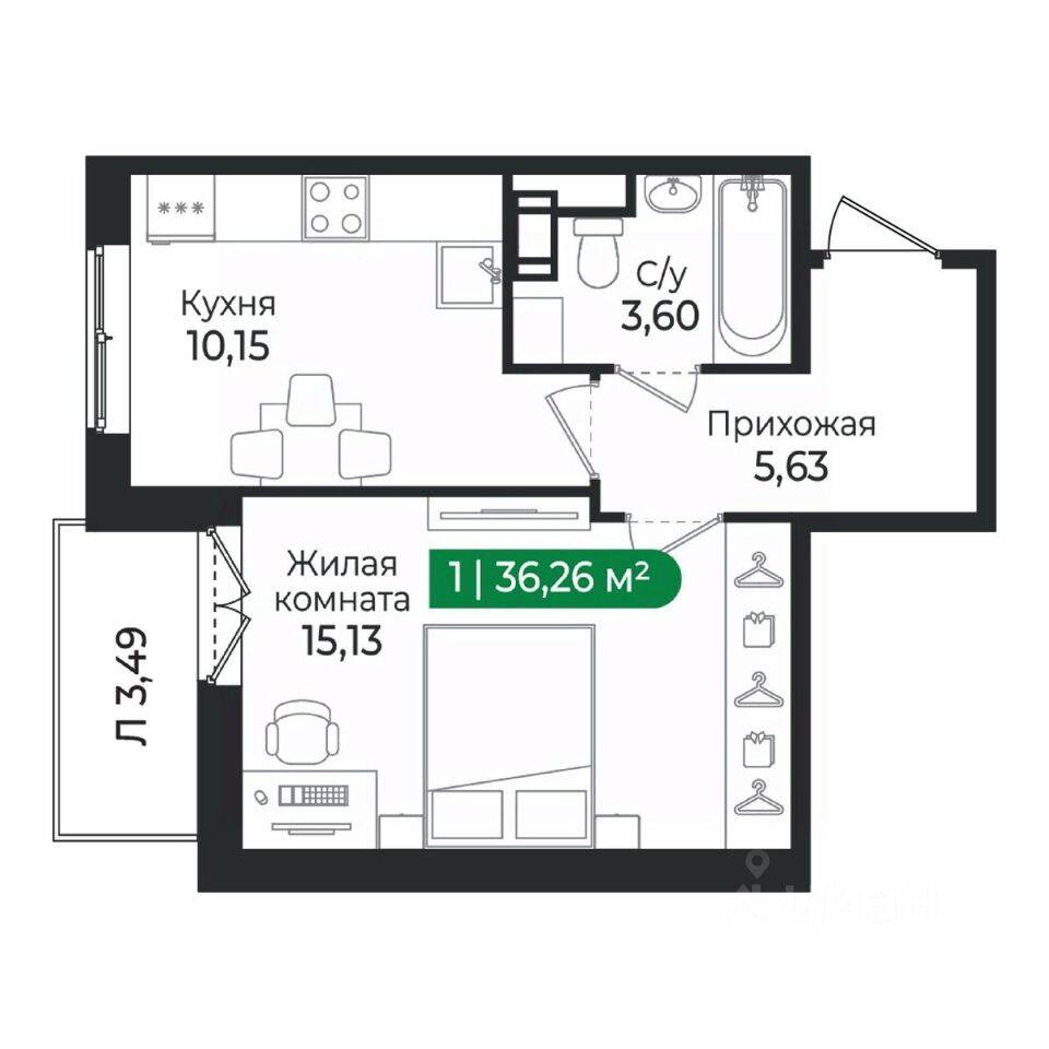 1-комн. квартира, 36,26 м², в ЖК Sertolovo Park