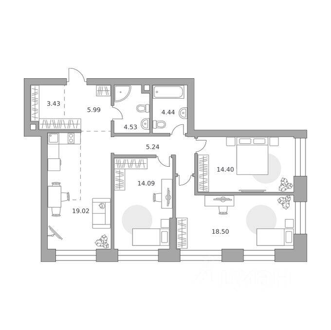 3-комн. квартира, 89,64 м², в МФК «Павелецкая от Гранель»