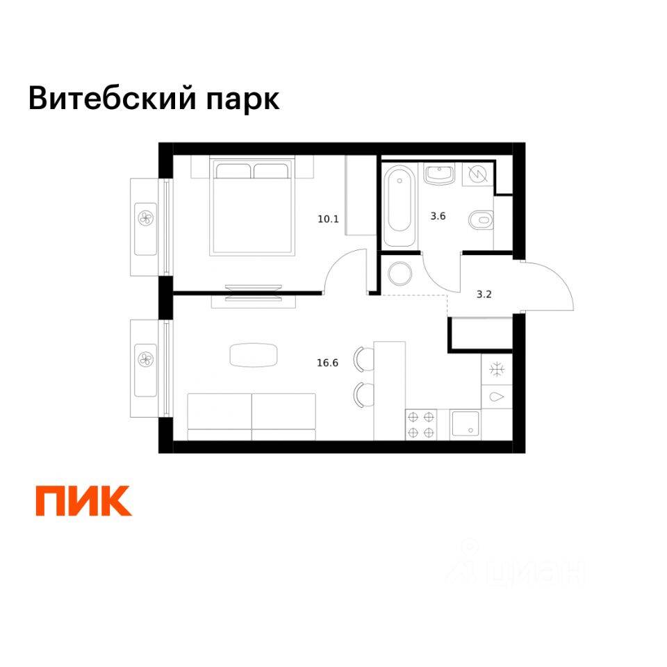 1-комн. квартира, 33,5 м², в ЖК Витебский парк