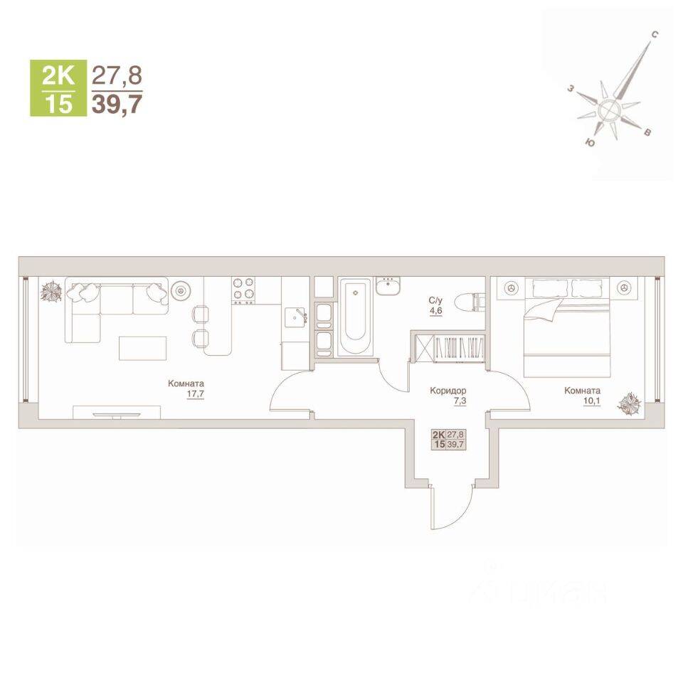 2-комн. квартира, 39,7 м², в Апарт-комплекс Апартаменты «ВЛЮБЕРЦЫ»