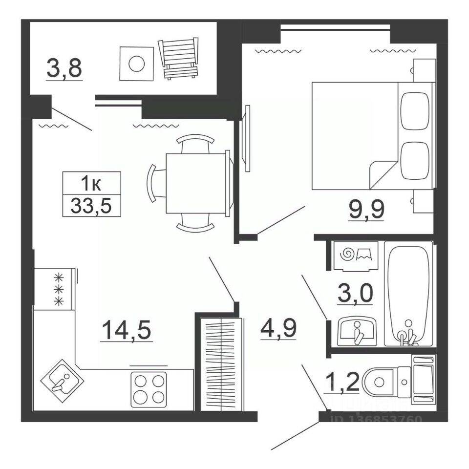 1-комн. квартира, 33,5 м², в ЖК Рубеж