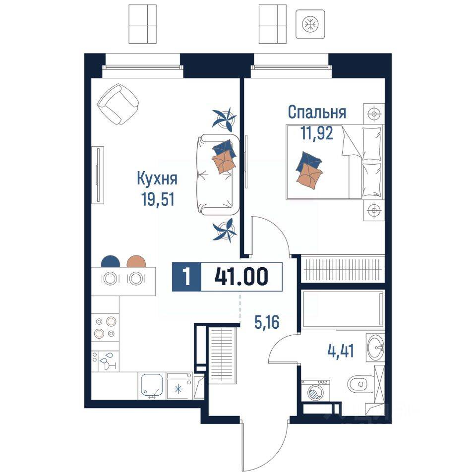 1-комн. квартира, 41 м², в ЖК Максималист