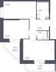 ЖК «Живи! В Рыбацком», планировка 2-комнатной квартиры, 51.55 м²