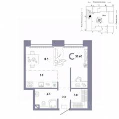 ЖК «Страна.Озерная», планировка студии, 33.60 м²