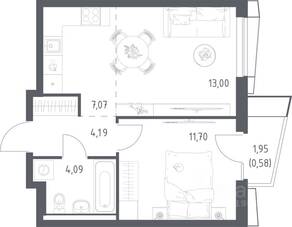 ЖК «Квартал Авиаторов», планировка 1-комнатной квартиры, 40.63 м²