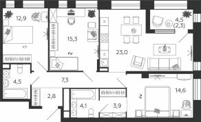 ЖК «Жилой квартал Shagal», планировка 3-комнатной квартиры, 90.70 м²